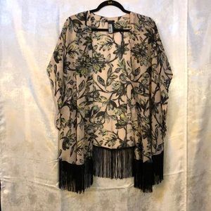 Parfois kimono with black and green vining leaves black fringed detail on hem
